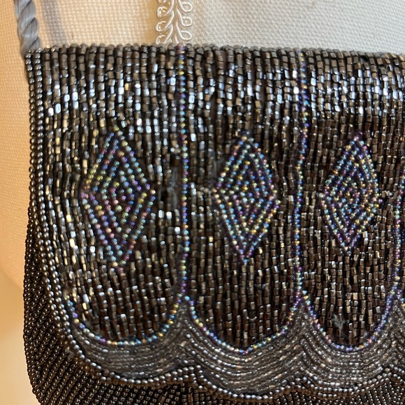 Vintage Beaded Black Silver Evening Purse Double Sided Scallop Flap Flapper Glam - Picture 6 of 8